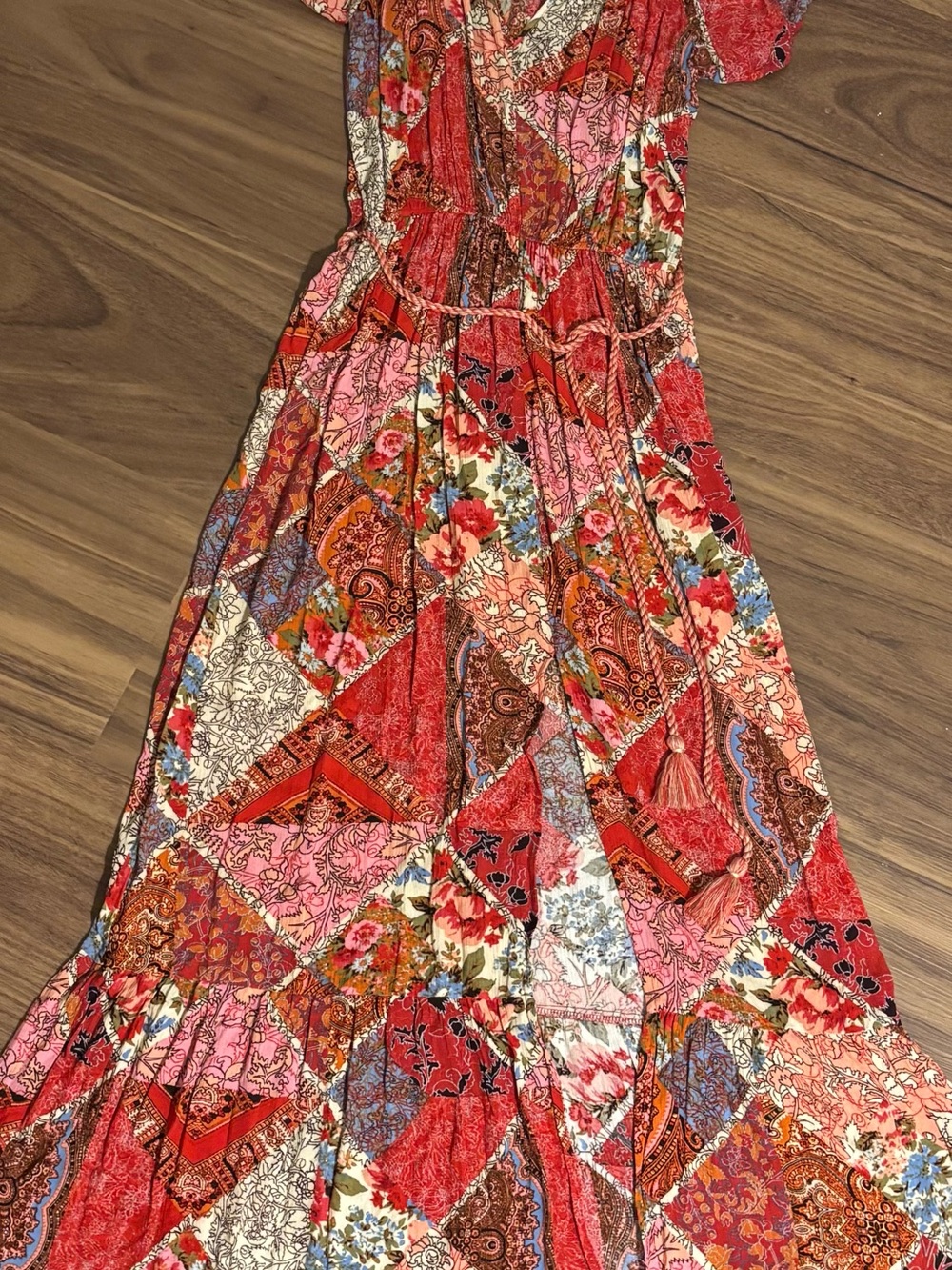 Lovestitch Red Floral Patchwork Boho Maxi Dress with Tassel Belt Medium